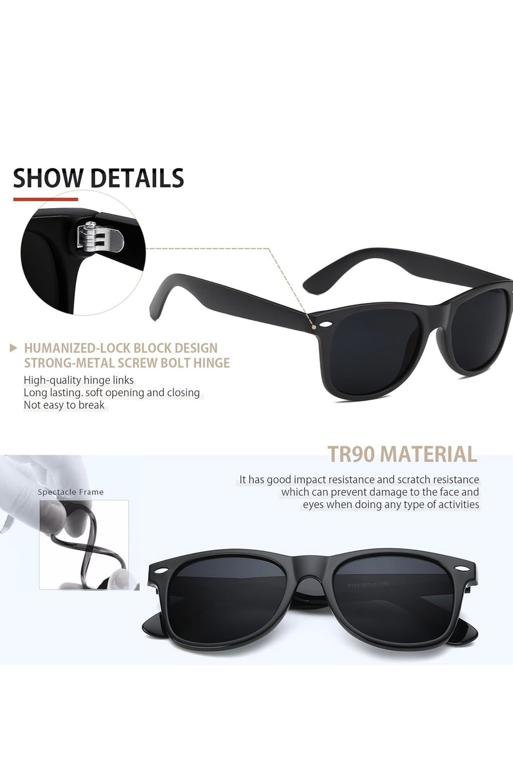 FEIDUSUN Polarized Sunglasses – Retro Square Frame, UV Protection (Black)