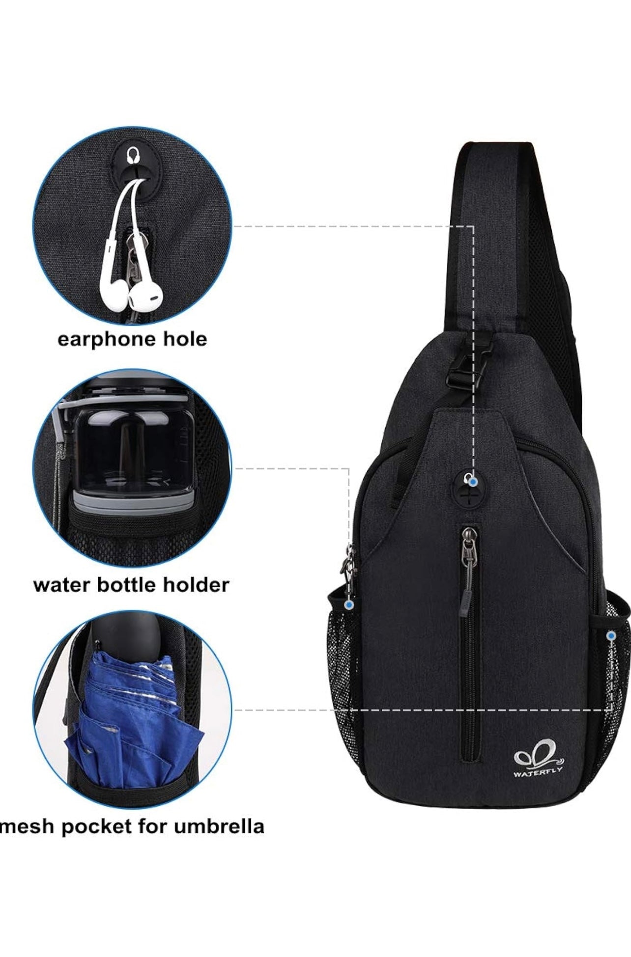 WATERFLY Crossbody Sling Backpack – Travel & Hiking Daypack (Black)