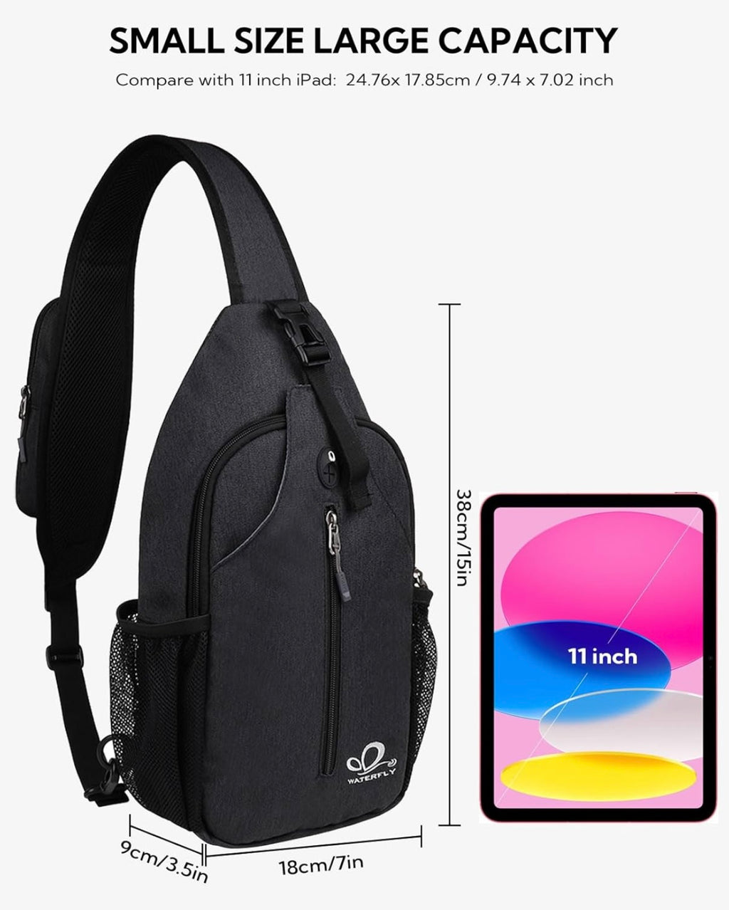 WATERFLY Crossbody Sling Backpack – Travel & Hiking Daypack (Black)