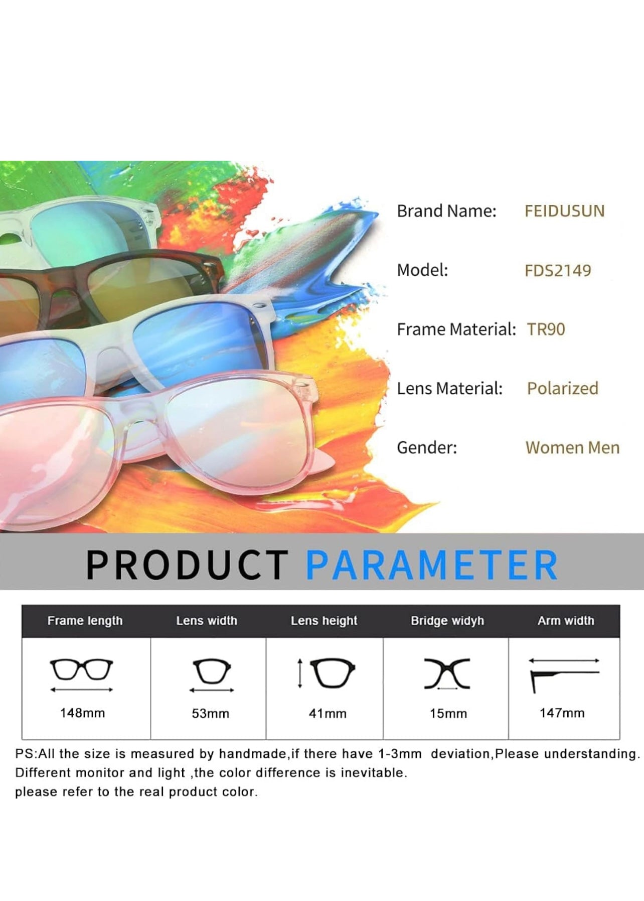FEIDUSUN Polarized Sunglasses – Retro Square Frame, UV Protection (Black)